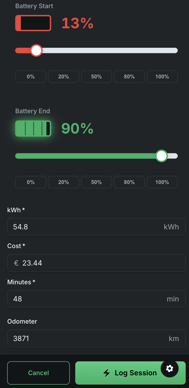 ChargeStats session logging interface showing easy battery percentage selection and quick input fields